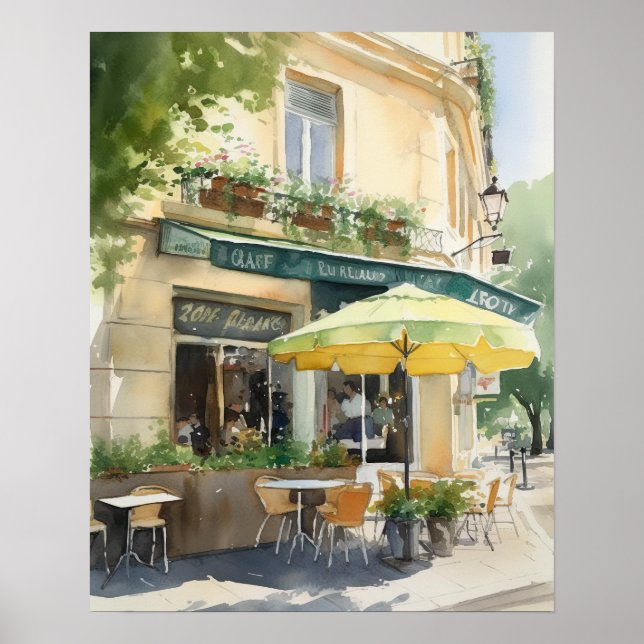 Affiche Café Français Aquarelle Paysage Art Imprimer Poste (Devant)