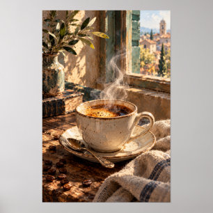 Affiche Café fumant près d'une fenêtre ensoleillée – Matin