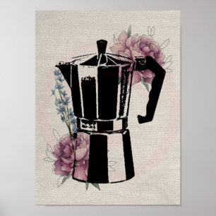 Affiche café linearte fleurs pot encre vintage roses