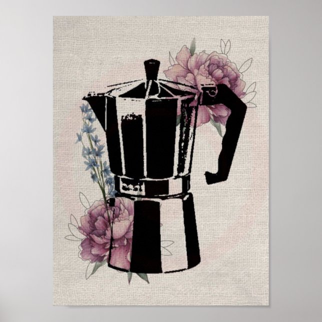 Affiche café linearte fleurs pot encre vintage roses (Devant)