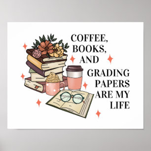 Affiche Café Livres Grading Papiers Anglais Enseignant Fun