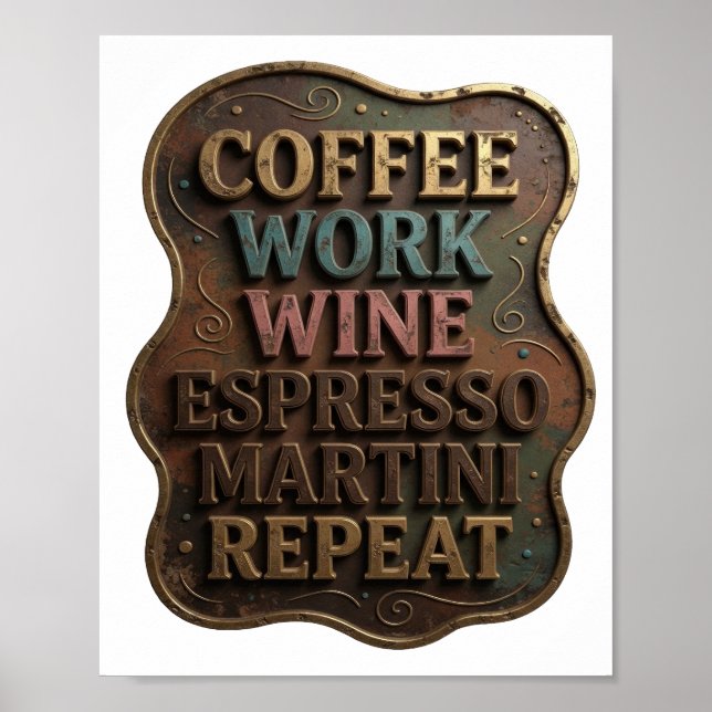 Affiche CAFÉ OR TRAVAIL VIN MARTINI EXPRESS RÉPÉTER en or (Devant)