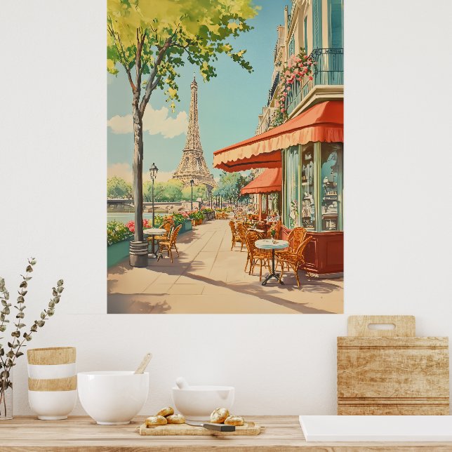 Affiche Café parisien avec vue Eiffel (Cuisine)
