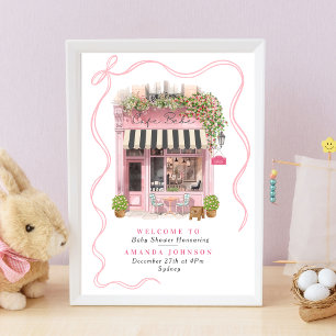 Affiche Cafe Parisien Bonjour Bebe Arc Rose Baby Shower