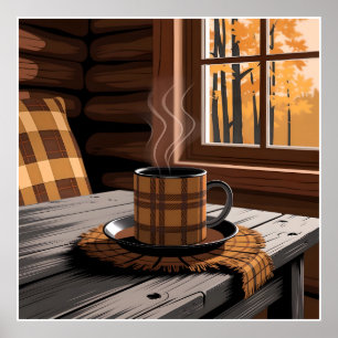 Affiche Café Plaid Cabine Art Automnal Forêt Rustique Mais