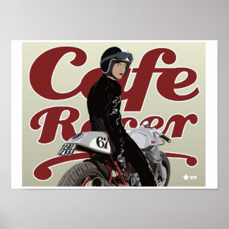 Affiche Cafe Racer Girl sur moto Moto Guzzi
