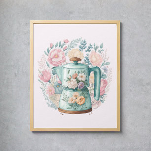 Affiche Café rose Floral Kettle Aquarelle Cuisine