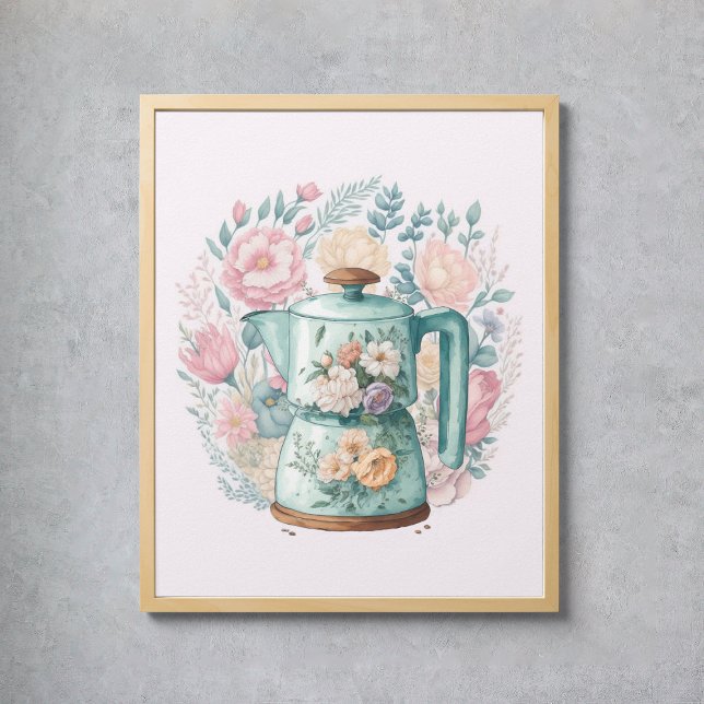 Affiche Café rose Floral Kettle Aquarelle Cuisine (Pink Floral Coffee Kettle Watercolor Kitchen Poster
)