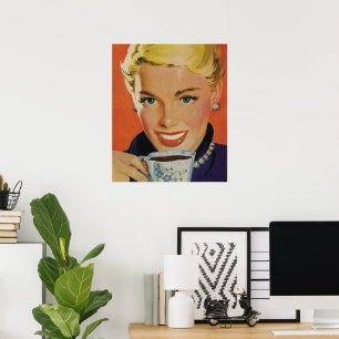 Affiche Café vintage, Bonne Femme avec la Coupe de Café Ré
