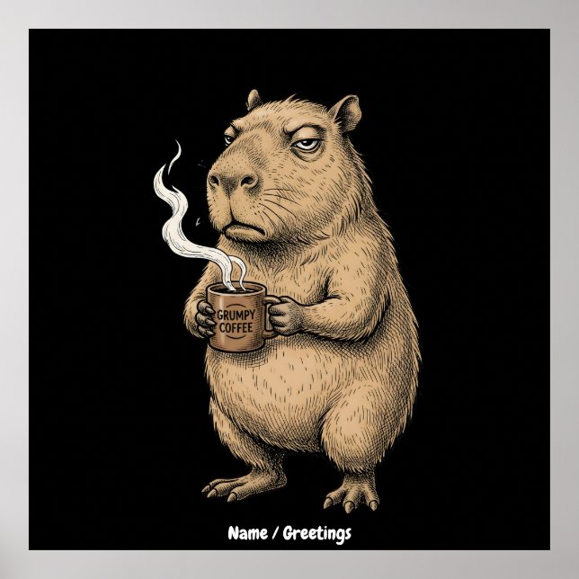 Affiche Cafetière grumpy Capybara croquis à l'encre vintag (Devant)