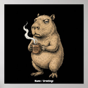 Affiche Cafetière grumpy Capybara Croquis à l'encre vintag
