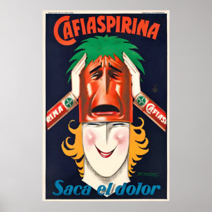 Affiche Cafiaspirina Saca el Dolor Bayer Aspirine Vintage