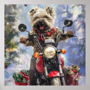 Affiche Cairn Terrier Chien équitation Moto Noël