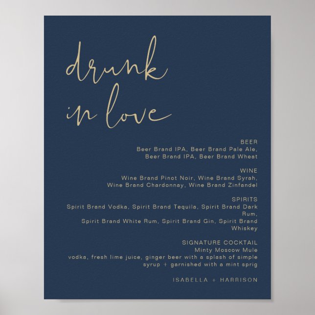 Affiche CAITLIN Navy et Gold Drunin in Love Bar Menu Sign (Devant)