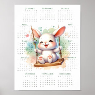 Affiche Calendrier 1 page 2026 Lapin mignon sur balançoire
