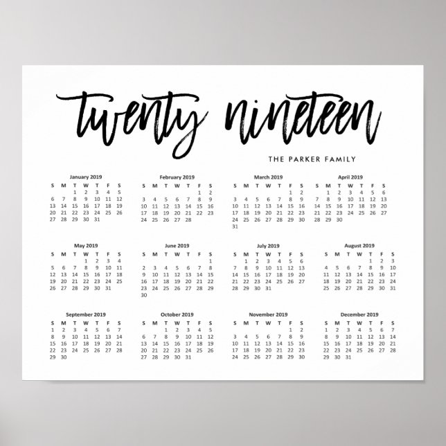 Affiche Calendrier 2019 Typographie Moderne Noir et Blanc (Devant)