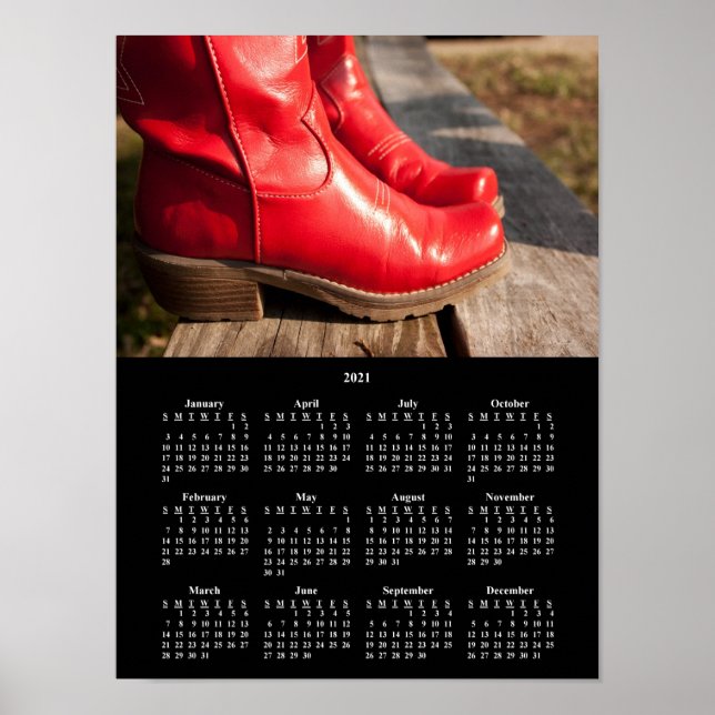 Affiche Calendrier 2021 des bottes de cowboy rouges fantai (Devant)