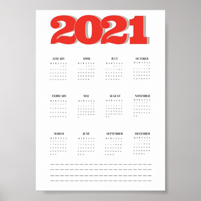 Affiche Calendrier 2021 pour affichage mural (Devant)