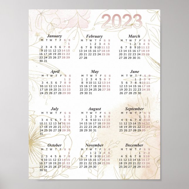 Affiche Calendrier 2023, Calendrier annuel aquarelle, Mode (Devant)