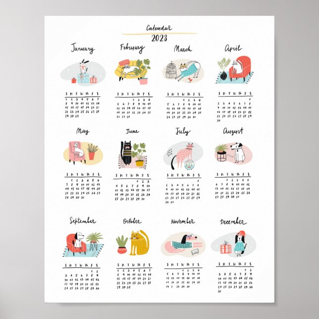 Affiche Calendrier 2023 Cartoon mignon Chats et Chiens (Devant)