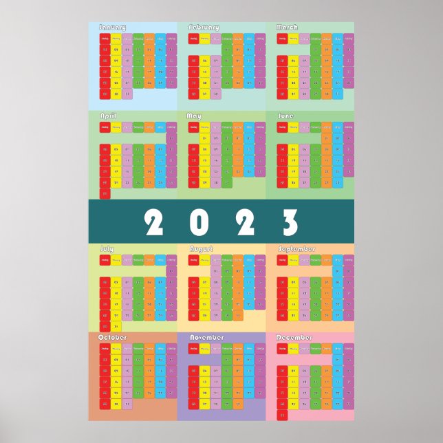 Affiche calendrier 2023 couleur jours semaine mois (Devant)