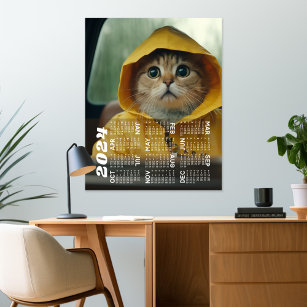Affiche Calendrier 2024 avec chat mignon habillé en jaune