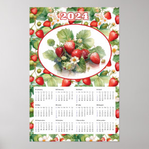 Affiche Calendrier 2024 Fraises à l'aquarelle Vintage 
