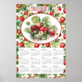 Affiche Calendrier 2024 Fraises à l'aquarelle Vintage 
