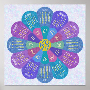 Affiche Calendrier 2024 Unique Rond Bohème Fleur Violette