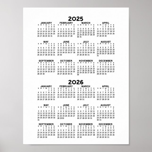 Affiche Calendrier 2025 2026 - Noir et Blanc Minimal de Ba (Devant)