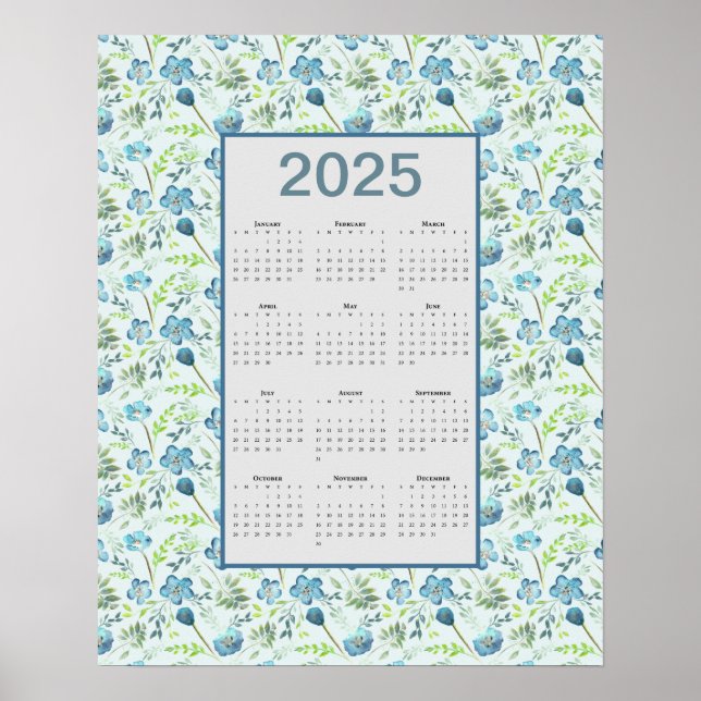 Affiche Calendrier 2025 Année complète Floral bleu (Devant)