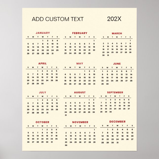 Affiche Calendrier 2025 avec texte personnalisé à la mode  (Devant)