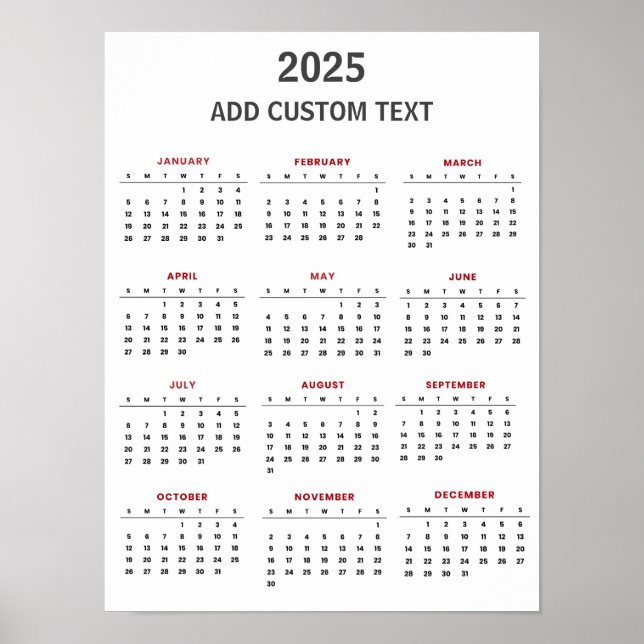 Affiche Calendrier 2025 avec texte personnalisé à la mode (Devant)