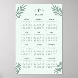 Affiche Calendrier 2025 Boho Floral Esthétique Mint Green