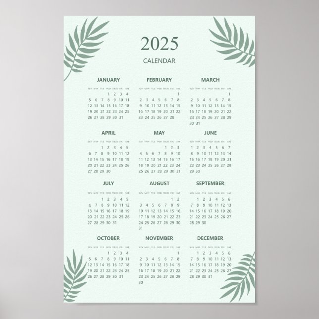 Affiche Calendrier 2025 Boho Floral Esthétique Vert Menthe (Devant)