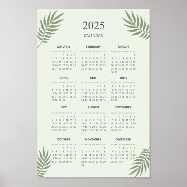 Affiche Calendrier 2025 Boho Floral Esthétique Vert Sauge (Devant)