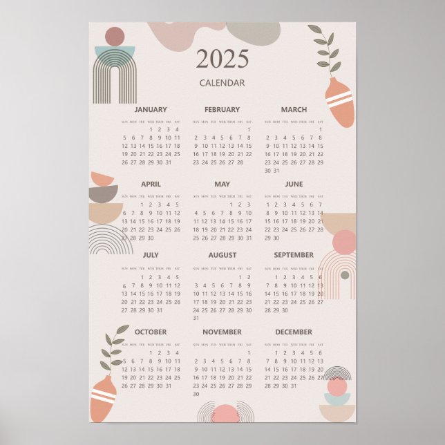 Affiche Calendrier 2025 Boho Milieu du Siècle Abstrait Min (Devant)