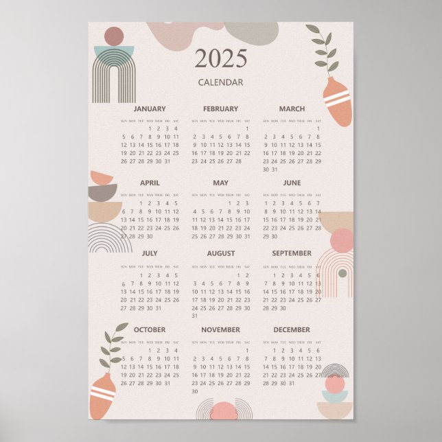 Affiche Calendrier 2025 Boho Milieu du Siècle Abstrait Min (Devant)