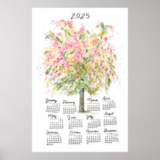 Affiche Calendrier 2025 Grand Arbre de Douche Aquarelle Ar
