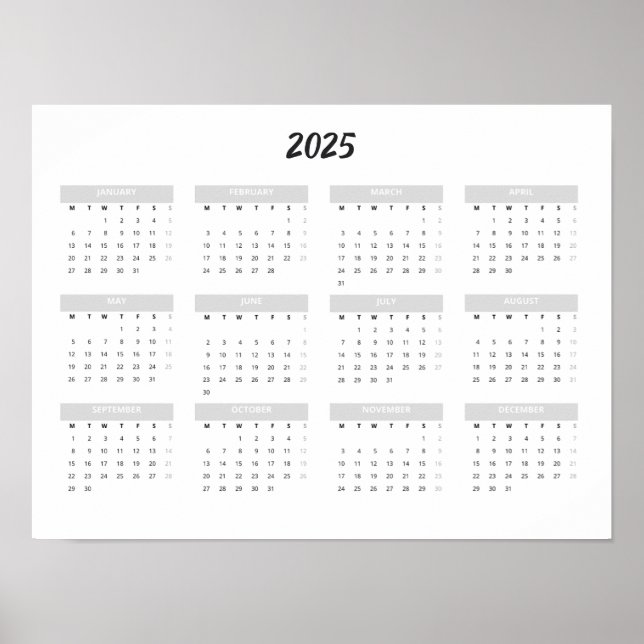 Affiche Calendrier 2025 par mois à la maison école bureau  (Devant)