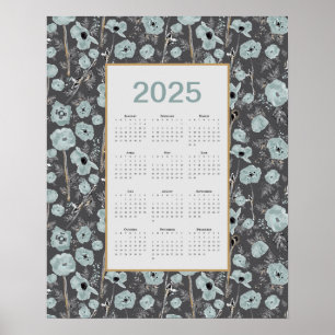 Affiche Calendrier 2025 Pleine année Gris Bleu Poppies