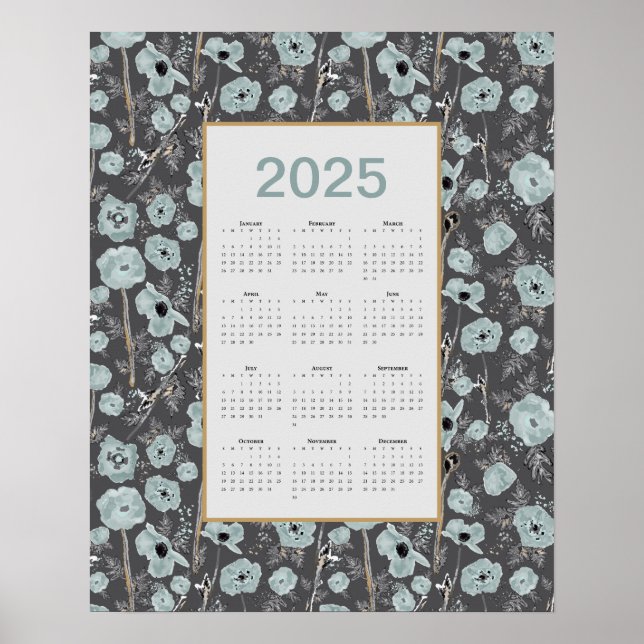 Affiche Calendrier 2025 Pleine année Gris Bleu Poppies (Devant)