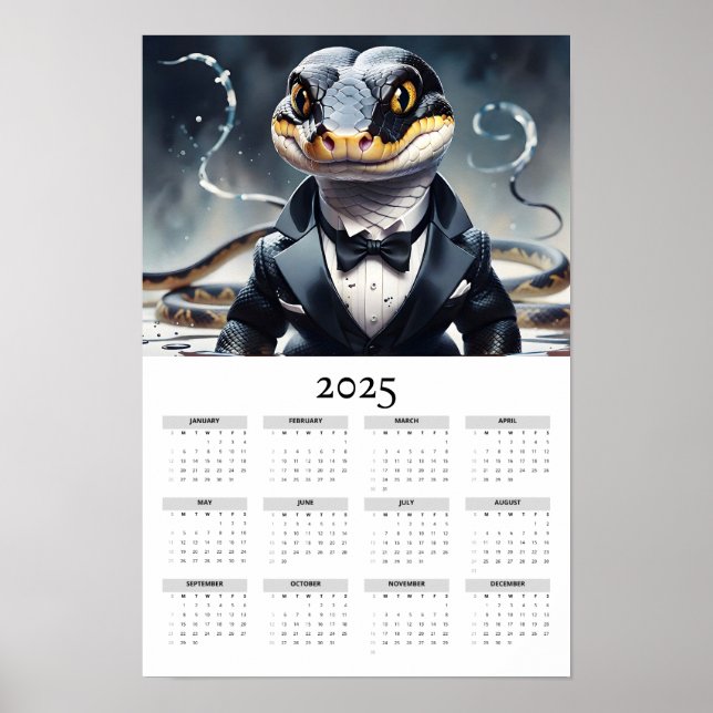 Affiche Calendrier 2025 Serpent à l'aquarelle portant smok (Devant)