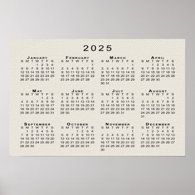 Affiche Calendrier 2025 sur Faux Canvas Texture Modèle (Devant)