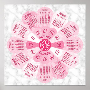 Affiche Calendrier 2025 Unique Arrondi Boho Rose Flower Pe