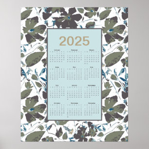 Affiche Calendrier 2025 Vert Bleu Clematis Floral