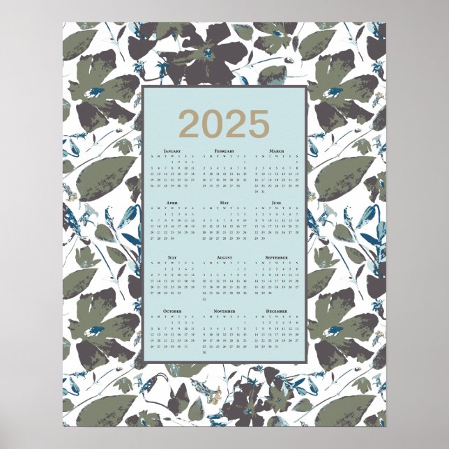 Affiche Calendrier 2025 Vert Bleu Clematis Floral (Devant)
