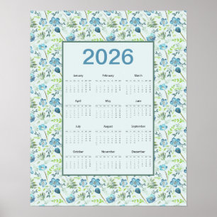 Affiche Calendrier 2026 année complète floral bleu