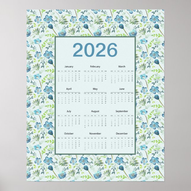 Affiche Calendrier 2026 année complète floral bleu (Devant)