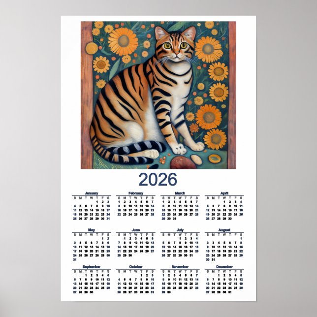 Affiche Calendrier 2026 avec art folklorique de chat tigré (Devant)